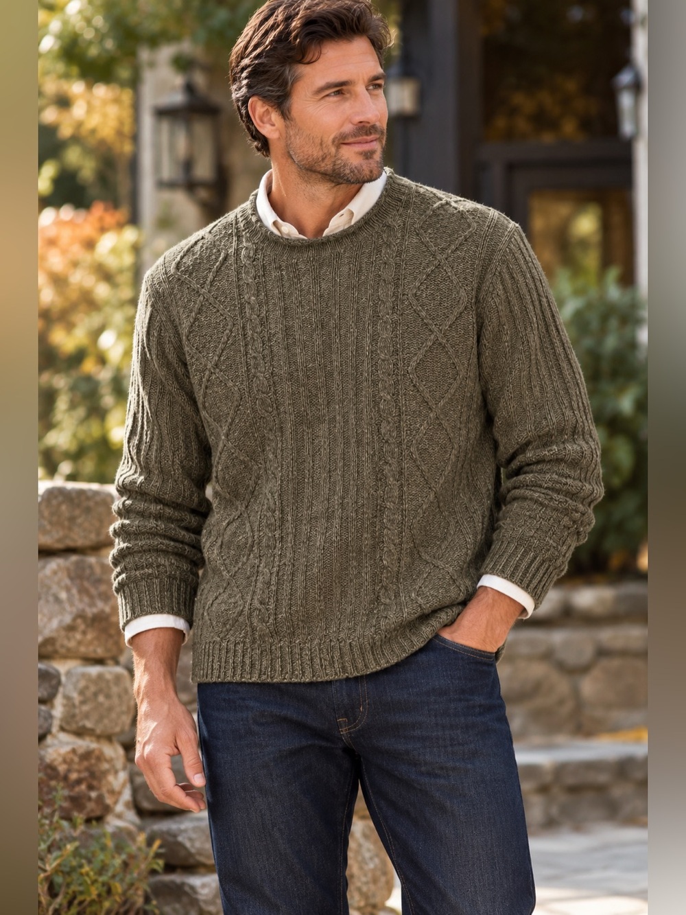 Woolrich Mens XL Olive Brown Cable Knit Wool Ramie Sweater Heritage Grandpa